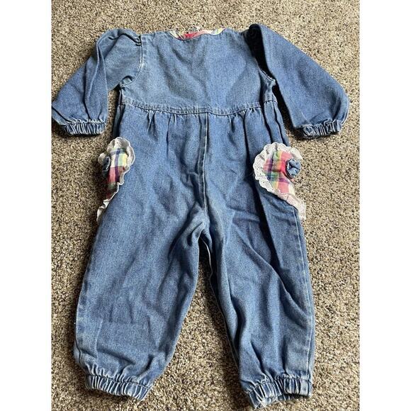 Vintage Gitano Kids Romper Girls 18M Blue Denim Jean Hearts Floral Bows 90s - Picture 3 of 4